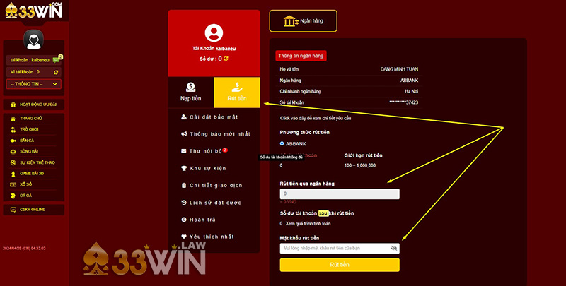 Thao tác để rút tiền từ nhà cái 33Win về tài khoản cá nhân
